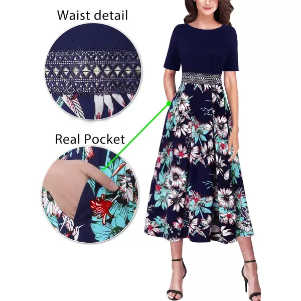 Vfshow Womens Elegant Patchwork Pockets Print Work Casual ALine Midi DressNavy and Multi Floral Print2