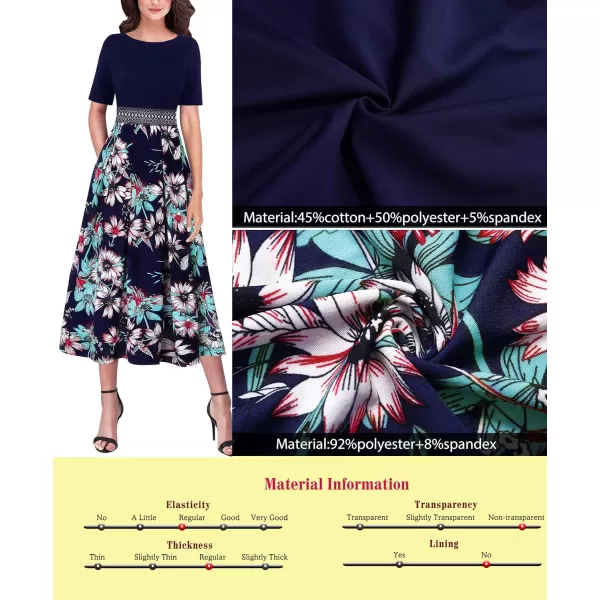 Vfshow Womens Elegant Patchwork Pockets Print Work Casual ALine Midi DressNavy and Multi Floral Print2