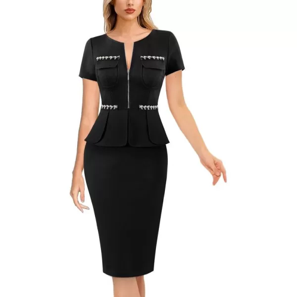 VFSHOW Womens 2024 Business Work Office Peplum Crew Neck Front Zipper Pockets Sheath Bodycon DressBlack