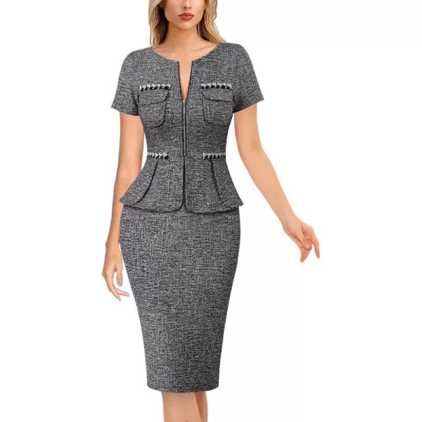 VFSHOW Womens 2024 Business Work Office Peplum Crew Neck Front Zipper Pockets Sheath Bodycon DressBlack Tweed