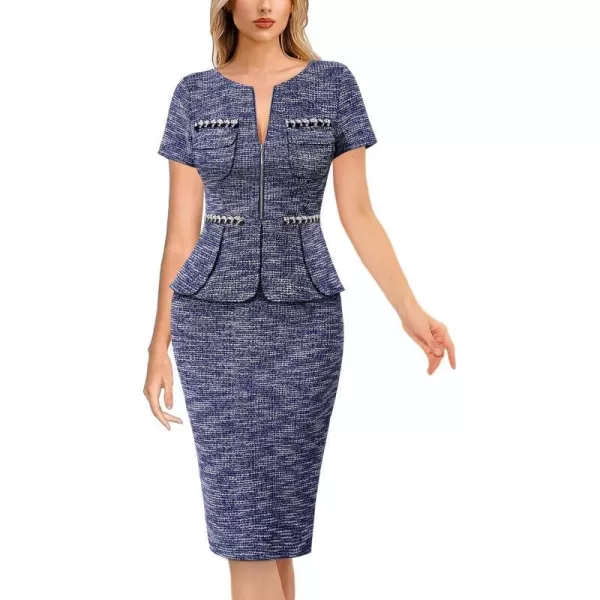 VFSHOW Womens 2024 Business Work Office Peplum Crew Neck Front Zipper Pockets Sheath Bodycon DressBlue Tweed