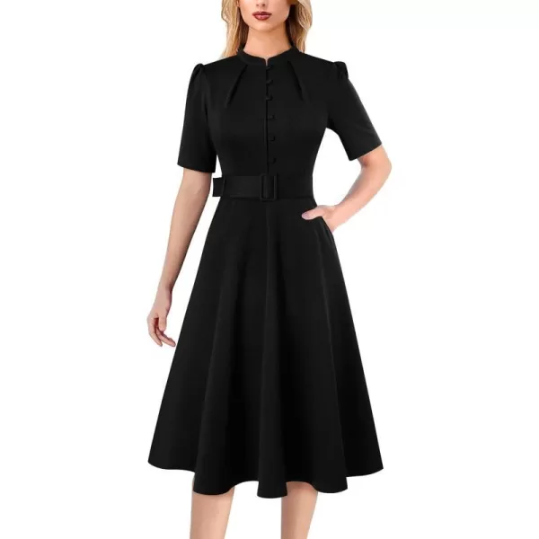 VFSHOW Womens 2024 Business Work Office Pockets Belted Buttons Elegant Fit and Flare ALine DressBlack