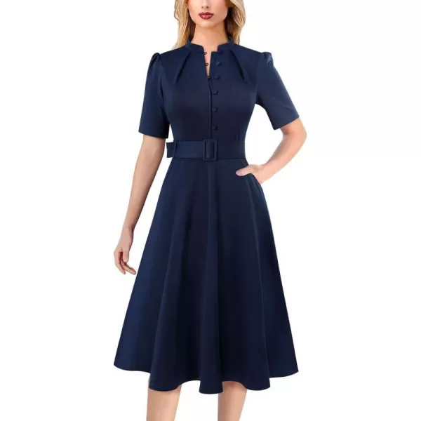 VFSHOW Womens 2024 Business Work Office Pockets Belted Buttons Elegant Fit and Flare ALine DressDark Blue