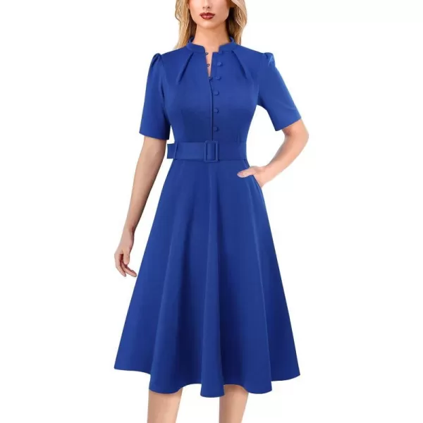 VFSHOW Womens 2024 Business Work Office Pockets Belted Buttons Elegant Fit and Flare ALine DressLight Blue