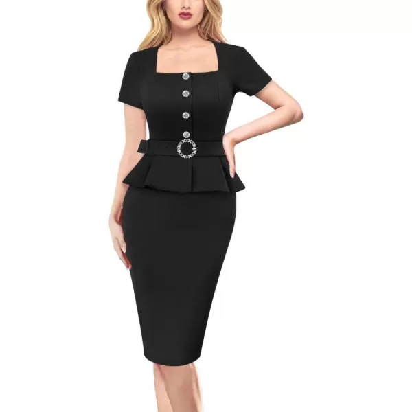 VFSHOW Womens 2024 Business Work Office Square Neck Belted Peplum Buttons Slim Bodycon Sheath DressBlack