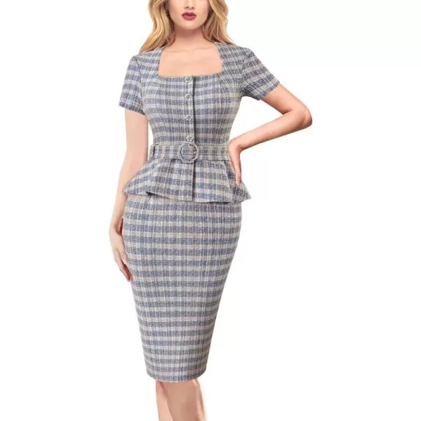 VFSHOW Womens 2024 Business Work Office Square Neck Belted Peplum Buttons Slim Bodycon Sheath DressBlue Tweed