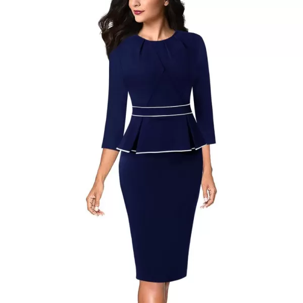 VFSHOW Womens Pleated Crew Neck Peplum Work Office Business Bodycon Sheath DressBlue With White Piping2