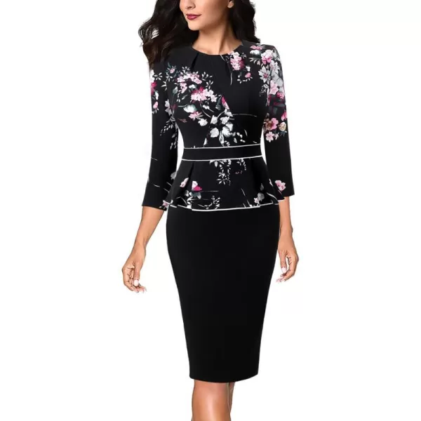 VFSHOW Womens Pleated Crew Neck Peplum Work Office Business Bodycon Sheath DressMulti Floral Print and Black2