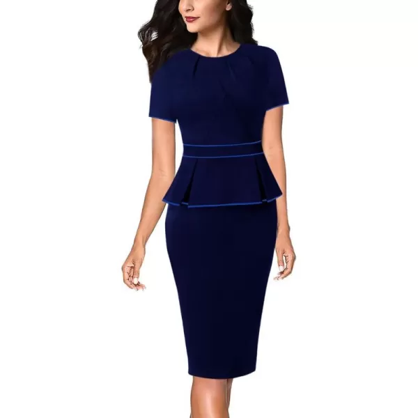 VFSHOW Womens Pleated Crew Neck Peplum Work Office Business Bodycon Sheath DressNavy Blue With Royal Piping