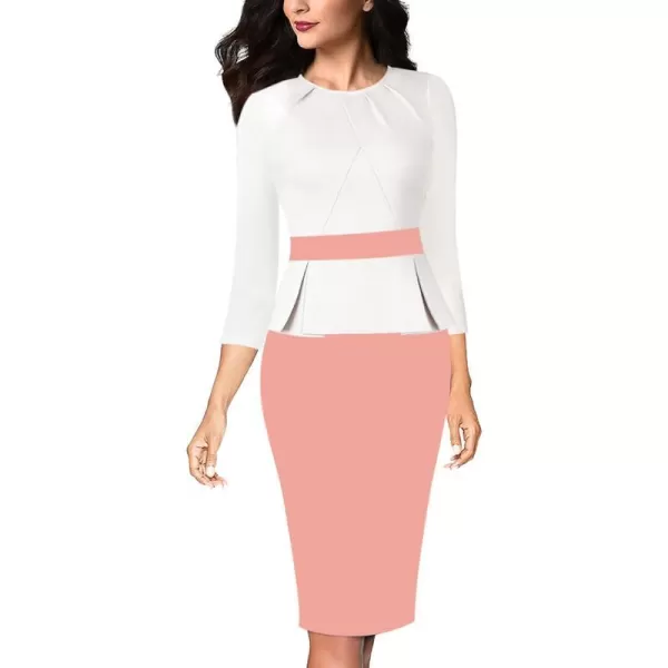 VFSHOW Womens Pleated Crew Neck Peplum Work Office Business Bodycon Sheath DressOff White  Pink