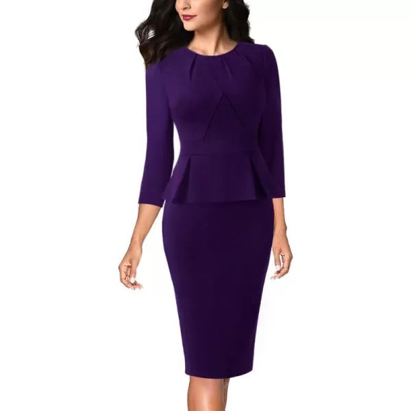 VFSHOW Womens Pleated Crew Neck Peplum Work Office Business Bodycon Sheath DressPurple 34 Sleeve