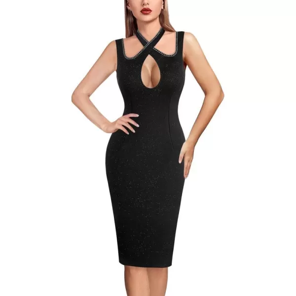 VFSHOW Womens Sexy Strap Keyhole Cocktail Club Night Out Bodycon Dress 2023 Party Crisscross DressSparkly Black