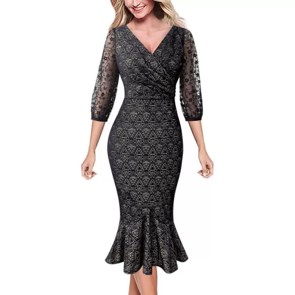 VFSHOW Womens Vintage Retro Cocktail Party Fitted Bodycon Pencil Mermaid Midi DressBlack Geometric Lace