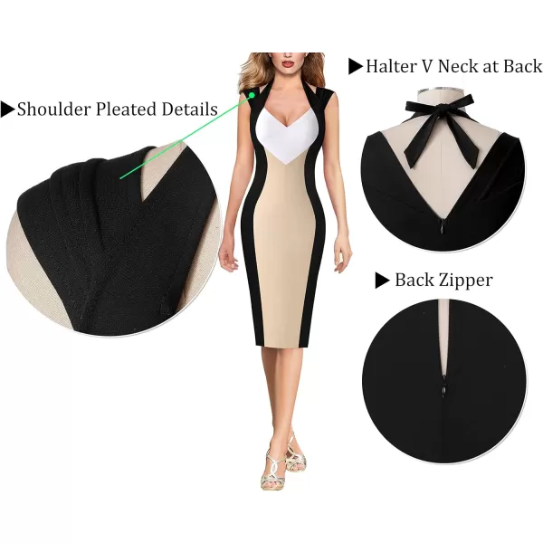 VFSHOW Womens Halter V Neck Pleated Fitted Cocktail Party Bodycon Pencil DressBlack  Off White  Beige