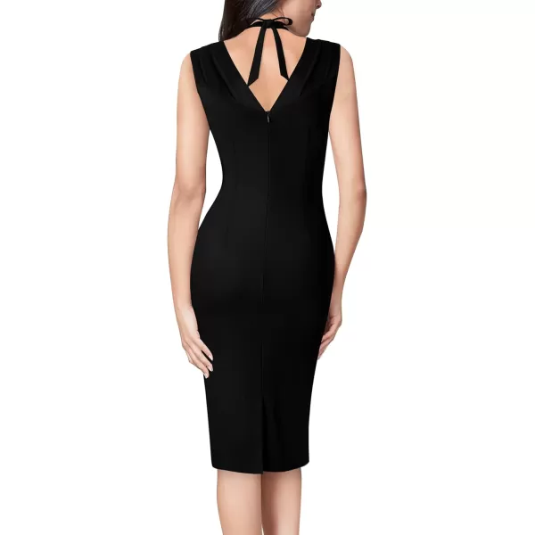 VFSHOW Womens Halter V Neck Pleated Fitted Cocktail Party Bodycon Pencil DressBlack