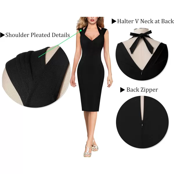 VFSHOW Womens Halter V Neck Pleated Fitted Cocktail Party Bodycon Pencil DressBlack