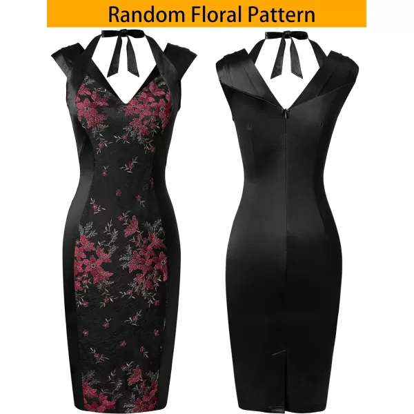 VFSHOW Womens Halter V Neck Pleated Fitted Cocktail Party Bodycon Pencil DressBlack Satin  Floral Embroidered Lace