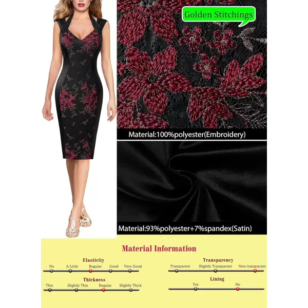 VFSHOW Womens Halter V Neck Pleated Fitted Cocktail Party Bodycon Pencil DressBlack Satin  Floral Embroidered Lace