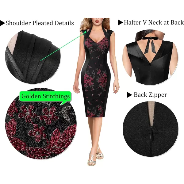 VFSHOW Womens Halter V Neck Pleated Fitted Cocktail Party Bodycon Pencil DressBlack Satin  Floral Embroidered Lace