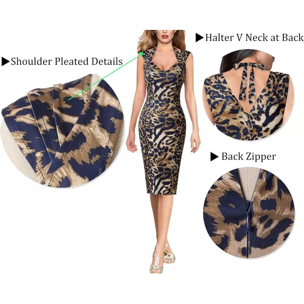 VFSHOW Womens Halter V Neck Pleated Fitted Cocktail Party Bodycon Pencil DressBlue Leopard Print