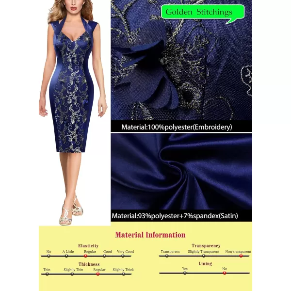 VFSHOW Womens Halter V Neck Pleated Fitted Cocktail Party Bodycon Pencil DressBlue Satin and Floral Embroidery