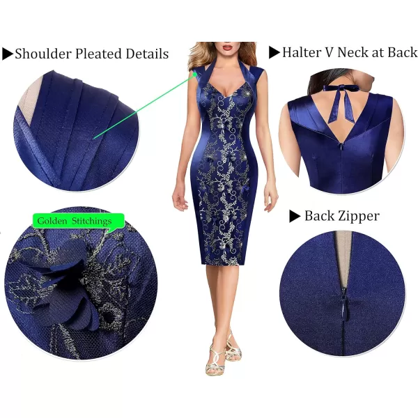 VFSHOW Womens Halter V Neck Pleated Fitted Cocktail Party Bodycon Pencil DressBlue Satin and Floral Embroidery