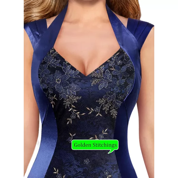 VFSHOW Womens Halter V Neck Pleated Fitted Cocktail Party Bodycon Pencil DressNavy Blue Satin  Embroidered Lace