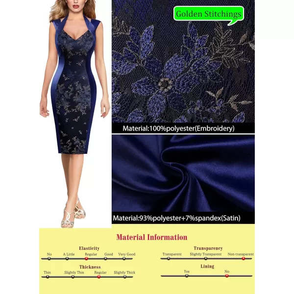 VFSHOW Womens Halter V Neck Pleated Fitted Cocktail Party Bodycon Pencil DressNavy Blue Satin  Embroidered Lace