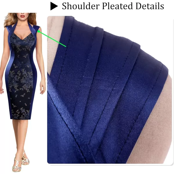 VFSHOW Womens Halter V Neck Pleated Fitted Cocktail Party Bodycon Pencil DressNavy Blue Satin  Embroidered Lace