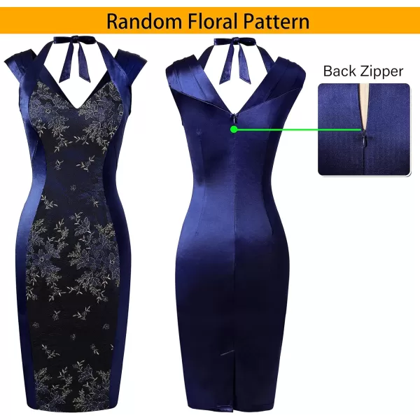 VFSHOW Womens Halter V Neck Pleated Fitted Cocktail Party Bodycon Pencil DressNavy Blue Satin  Embroidered Lace