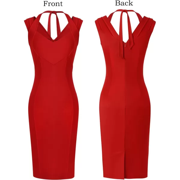 VFSHOW Womens Halter V Neck Pleated Fitted Cocktail Party Bodycon Pencil DressRed