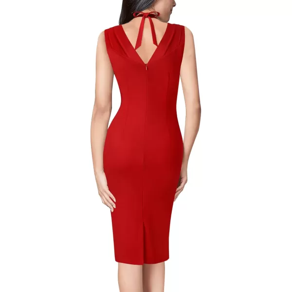 VFSHOW Womens Halter V Neck Pleated Fitted Cocktail Party Bodycon Pencil DressRed