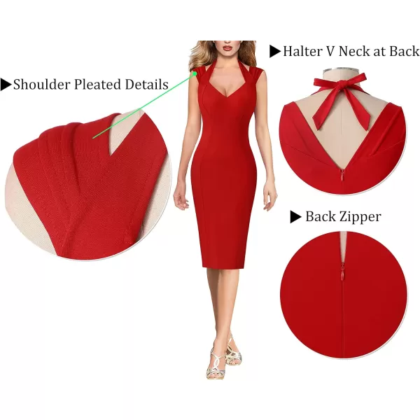 VFSHOW Womens Halter V Neck Pleated Fitted Cocktail Party Bodycon Pencil DressRed