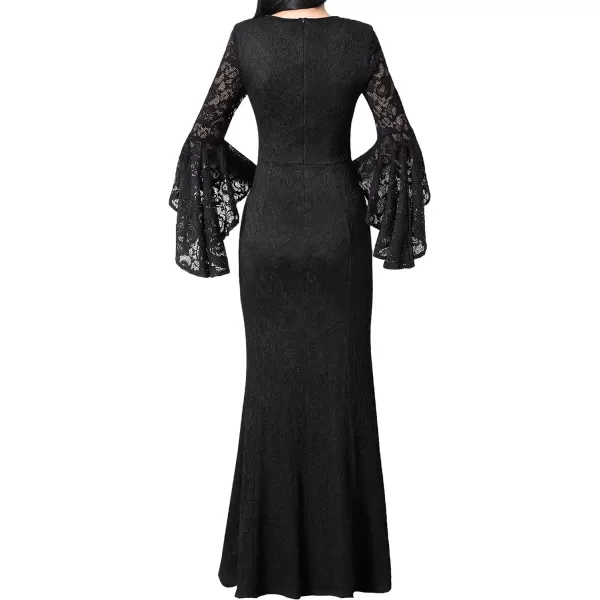 VFSHOW Womens Keyhole Front Bell Sleeve Formal Evening Wedding Party Maxi DressBlack Floral Lace