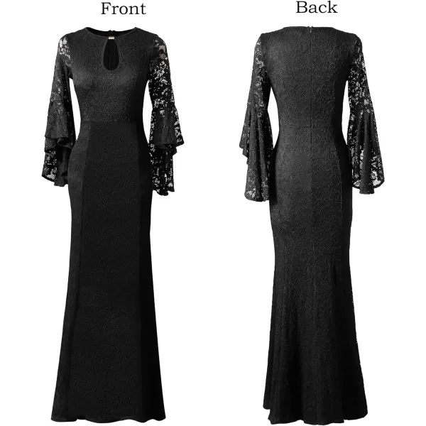 VFSHOW Womens Keyhole Front Bell Sleeve Formal Evening Wedding Party Maxi DressBlack Floral Lace