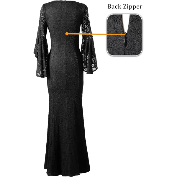 VFSHOW Womens Keyhole Front Bell Sleeve Formal Evening Wedding Party Maxi DressBlack Floral Lace