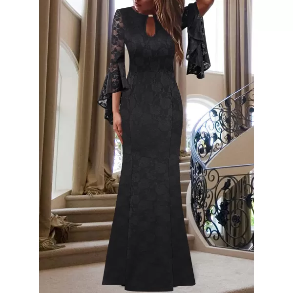 VFSHOW Womens Keyhole Front Bell Sleeve Formal Evening Wedding Party Maxi DressBlack Rose Floral Lace