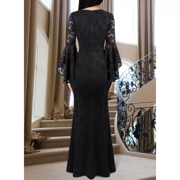 VFSHOW Womens Keyhole Front Bell Sleeve Formal Evening Wedding Party Maxi DressBlack Rose Floral Lace