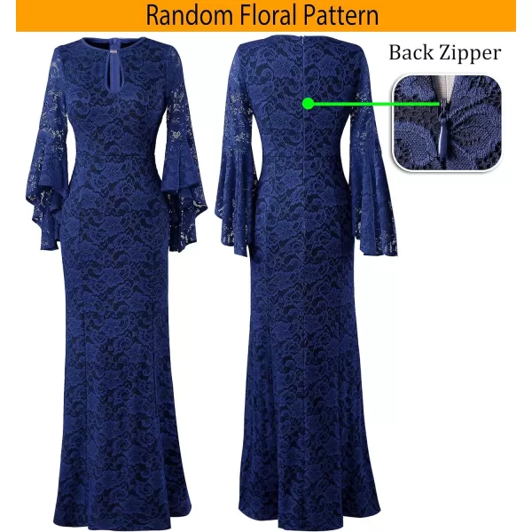 VFSHOW Womens Keyhole Front Bell Sleeve Formal Evening Wedding Party Maxi DressBlue Floral Lace