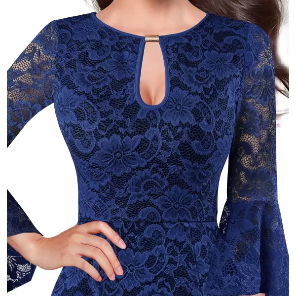 VFSHOW Womens Keyhole Front Bell Sleeve Formal Evening Wedding Party Maxi DressBlue Floral Lace