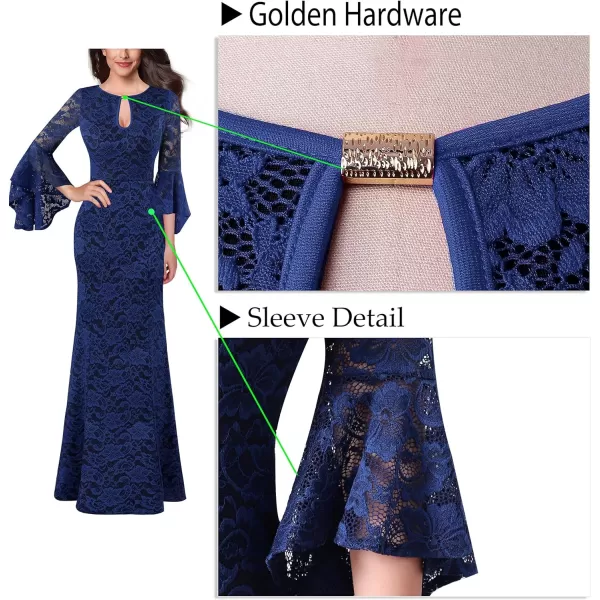 VFSHOW Womens Keyhole Front Bell Sleeve Formal Evening Wedding Party Maxi DressBlue Floral Lace