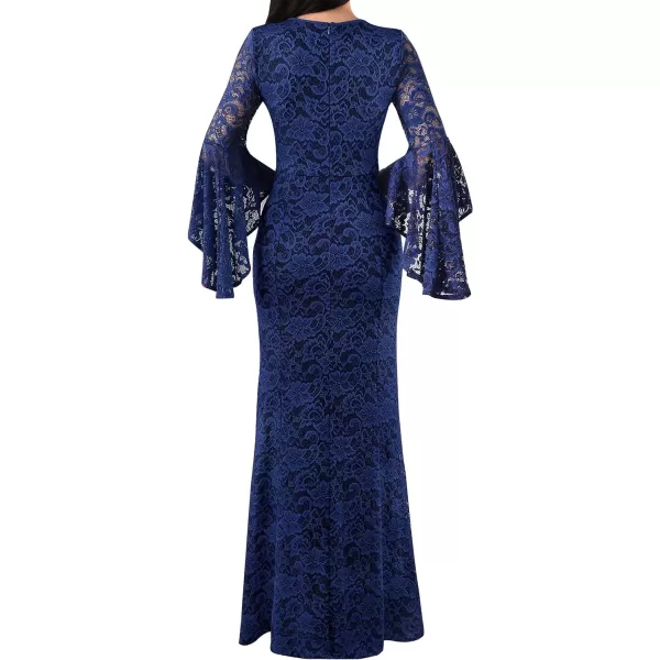 VFSHOW Womens Keyhole Front Bell Sleeve Formal Evening Wedding Party Maxi DressBlue Floral Lace