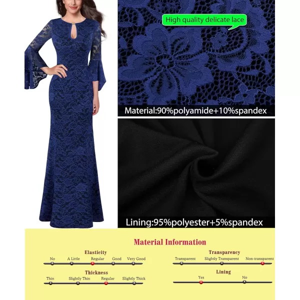 VFSHOW Womens Keyhole Front Bell Sleeve Formal Evening Wedding Party Maxi DressBlue Floral Lace