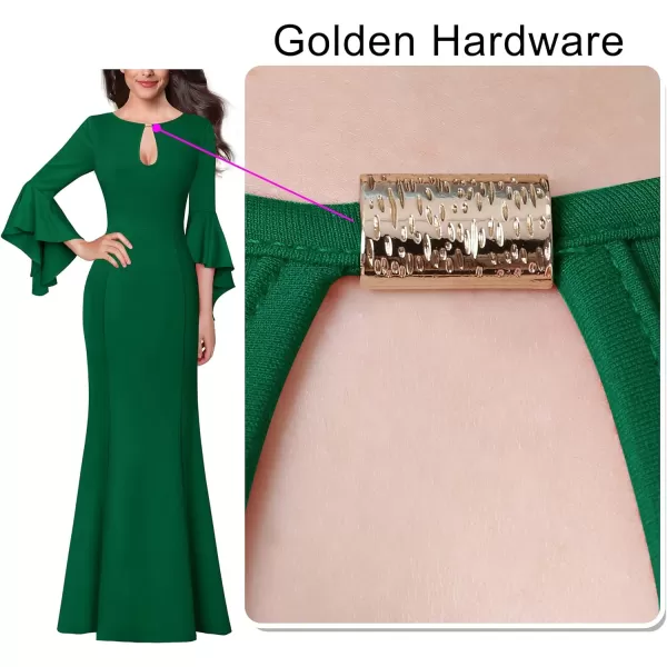 VFSHOW Womens Keyhole Front Bell Sleeve Formal Evening Wedding Party Maxi DressGreen