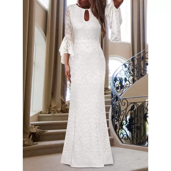 VFSHOW Womens Keyhole Front Bell Sleeve Formal Evening Wedding Party Maxi DressOffwhite Floral Lace