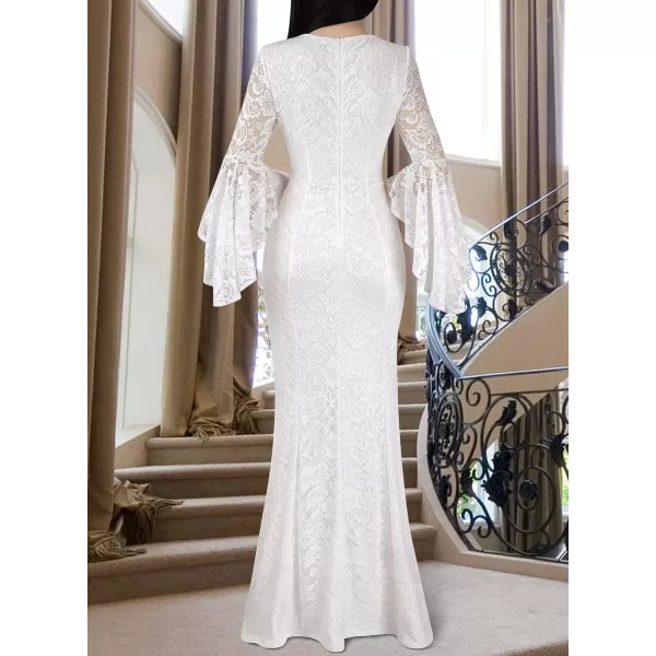 VFSHOW Womens Keyhole Front Bell Sleeve Formal Evening Wedding Party Maxi DressOffwhite Floral Lace