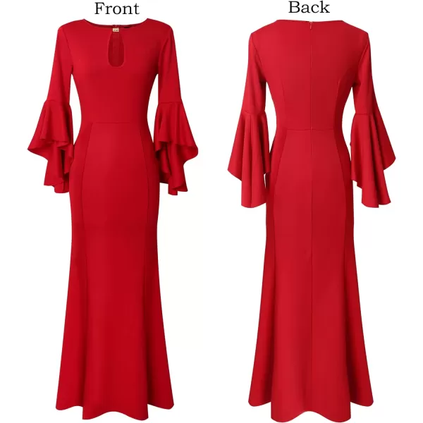 VFSHOW Womens Keyhole Front Bell Sleeve Formal Evening Wedding Party Maxi DressRed