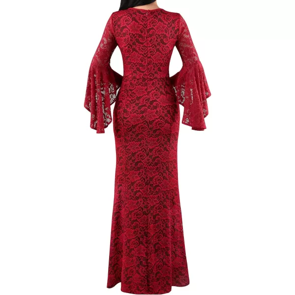 VFSHOW Womens Keyhole Front Bell Sleeve Formal Evening Wedding Party Maxi DressRed Floral Lace