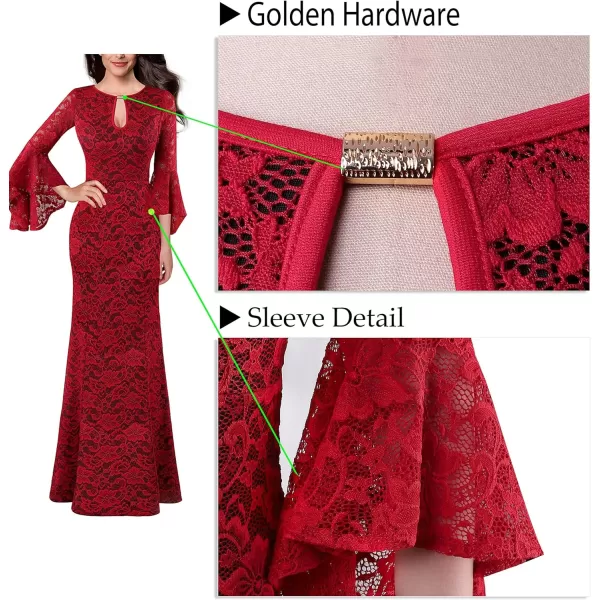 VFSHOW Womens Keyhole Front Bell Sleeve Formal Evening Wedding Party Maxi DressRed Floral Lace