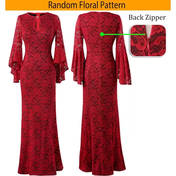 VFSHOW Womens Keyhole Front Bell Sleeve Formal Evening Wedding Party Maxi DressRed Floral Lace